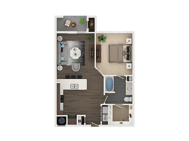 Floor plan for 1 bed, 1 bath, 769 sqft